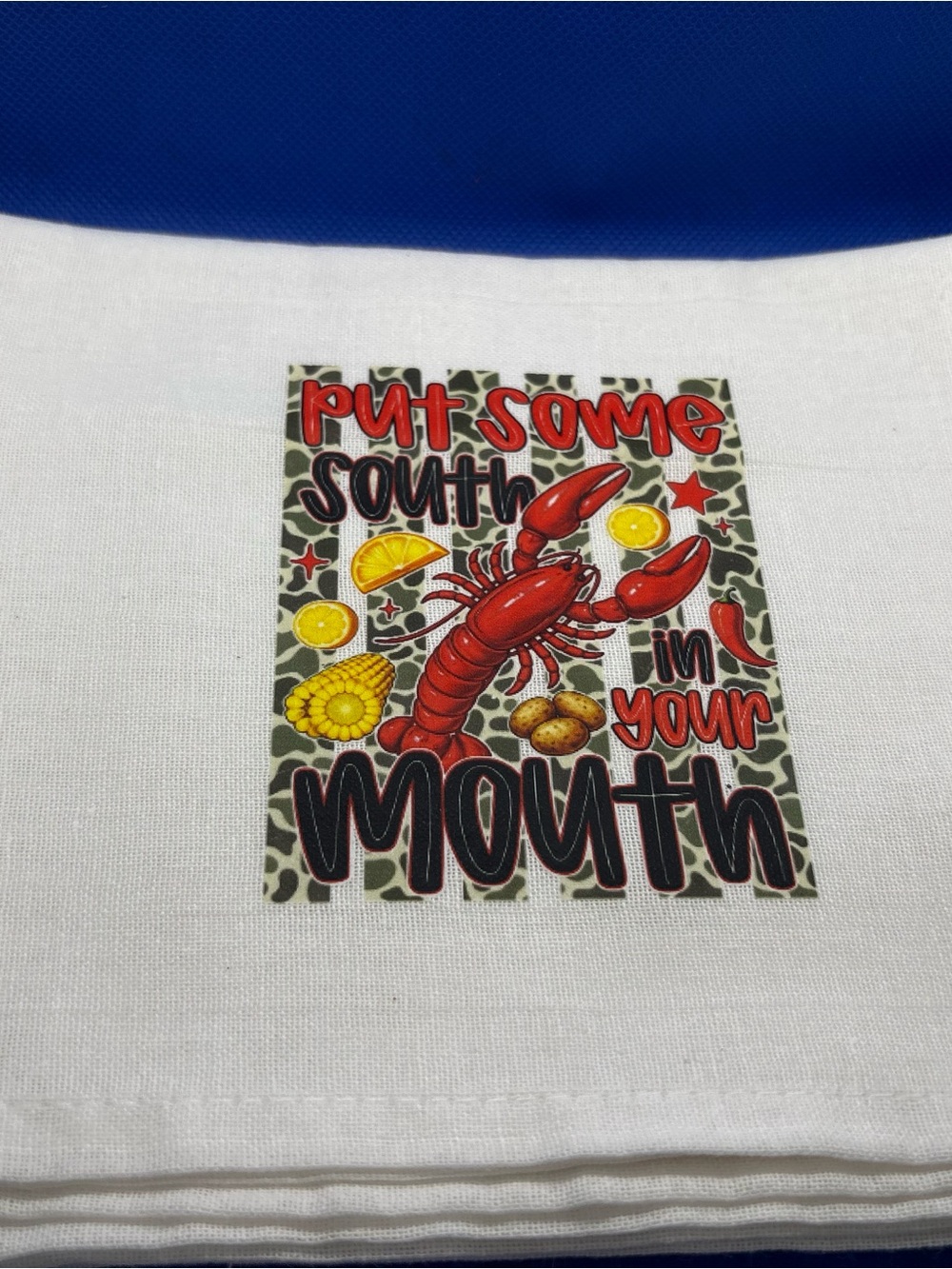Crawfish Hand Towel — White with Red & Yellow Print